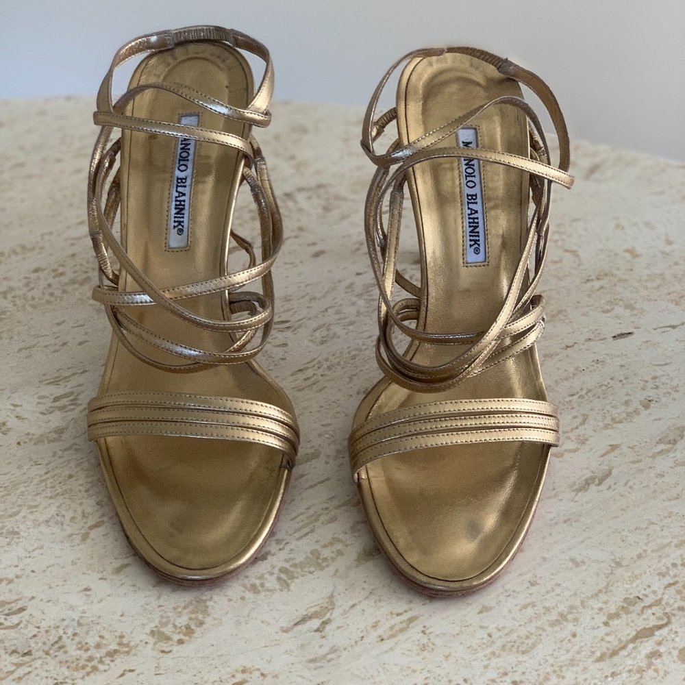 Manolo Blahnik Strappy Gold 3.5 inch Heel Sandals Size 10.5